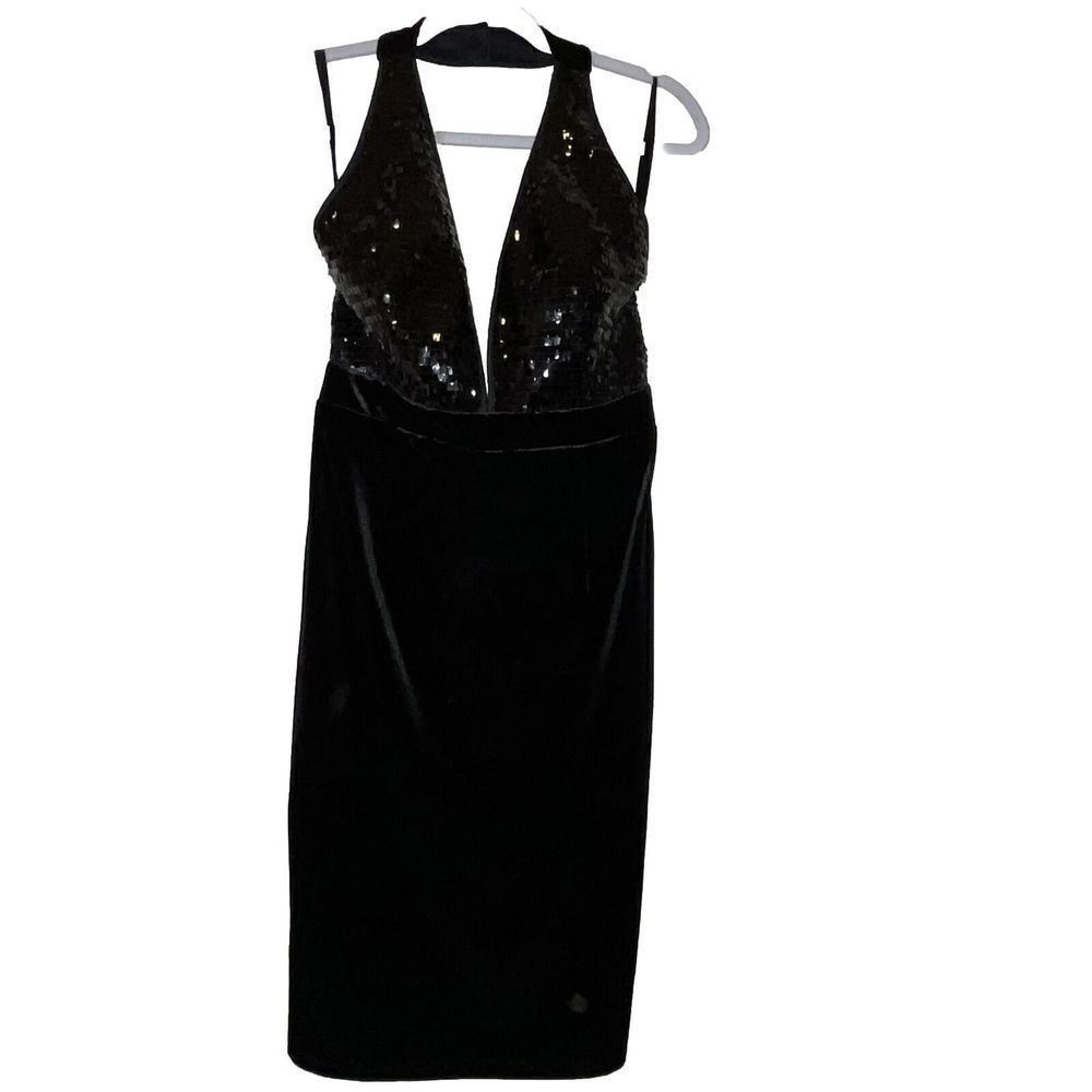 Venus LBD Halter Neck Sequin Top Black Dress Size S Velvet Bottom Neck Plunge